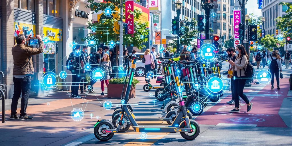 E-Scooter mit IoT-Technologie in einer Stadt.