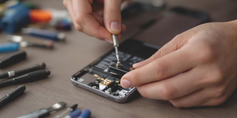 Person wechselt Batterie in einem Gerät.