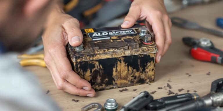 Nahaufnahme einer Person, die eine leere Autobatterie prüft.